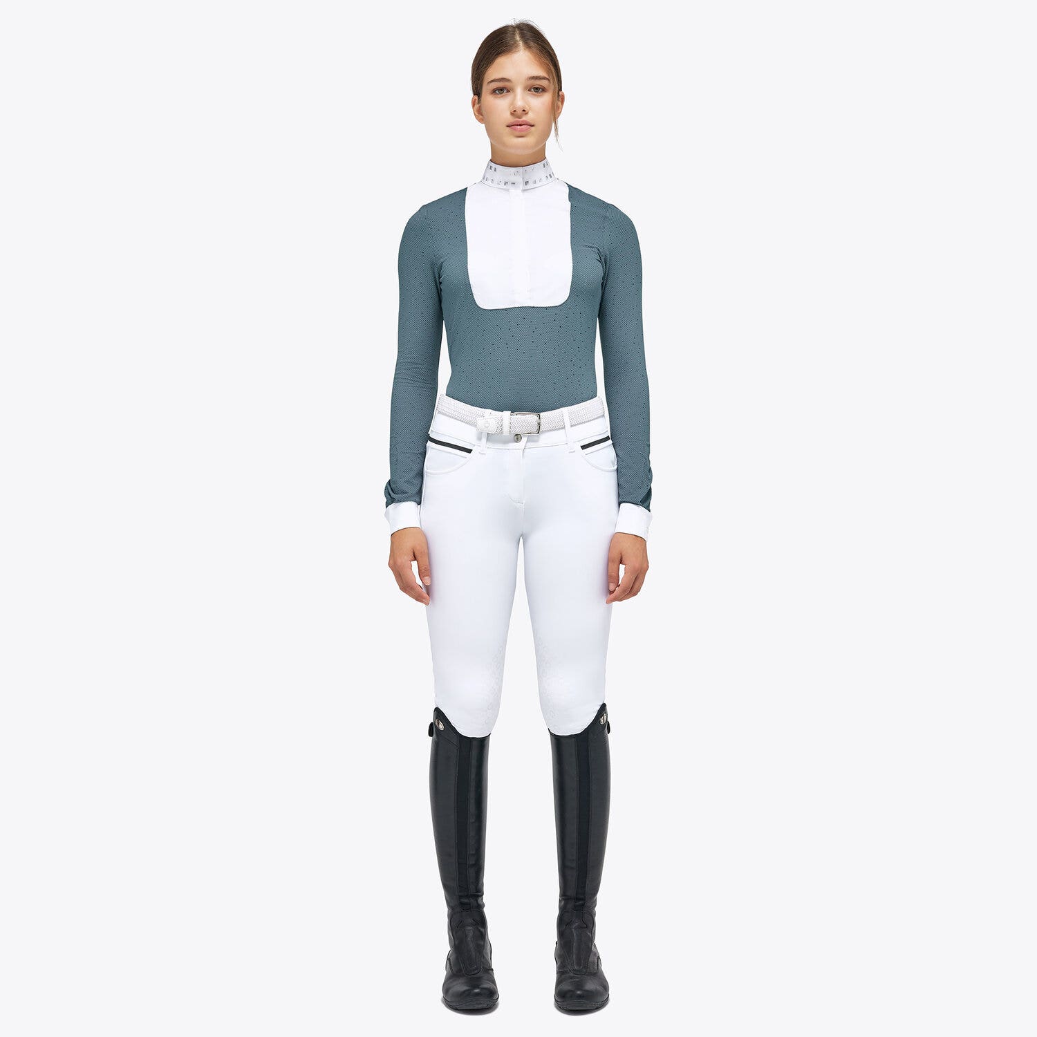 Cavalleria Toscana Women’s shirt in perforated fabric with a sequin collar PETROLEUM-1