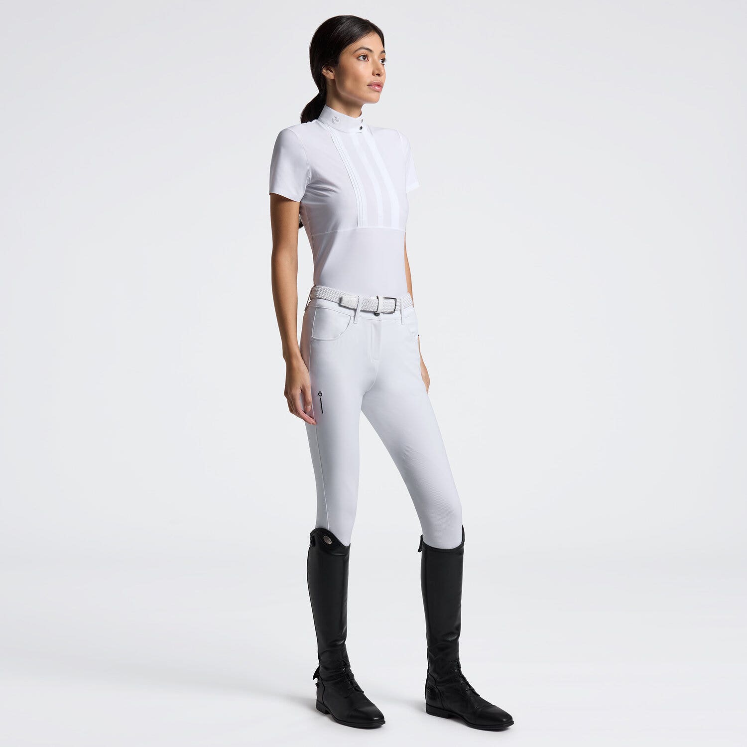 Cavalleria Toscana Cavalleria Toscana Women's Short Sleeve Show Shirt with Heat-Sealed Bib WHITE-1