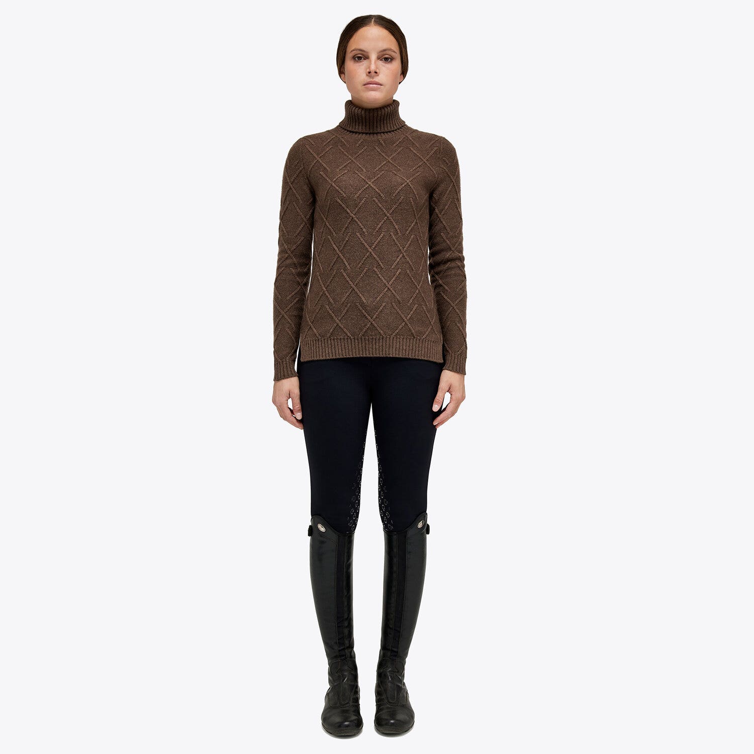Cavalleria Toscana Women’s wool polo neck pullover with a raised motif LIGHT MOCHA-1