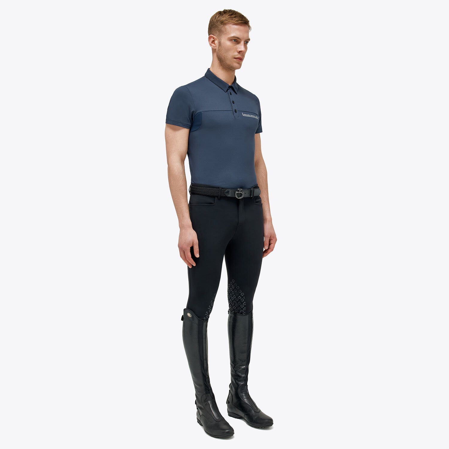 Cavalleria Toscana Men’s performance piqué knit polo shirt with buttons OCEAN BLUE-1