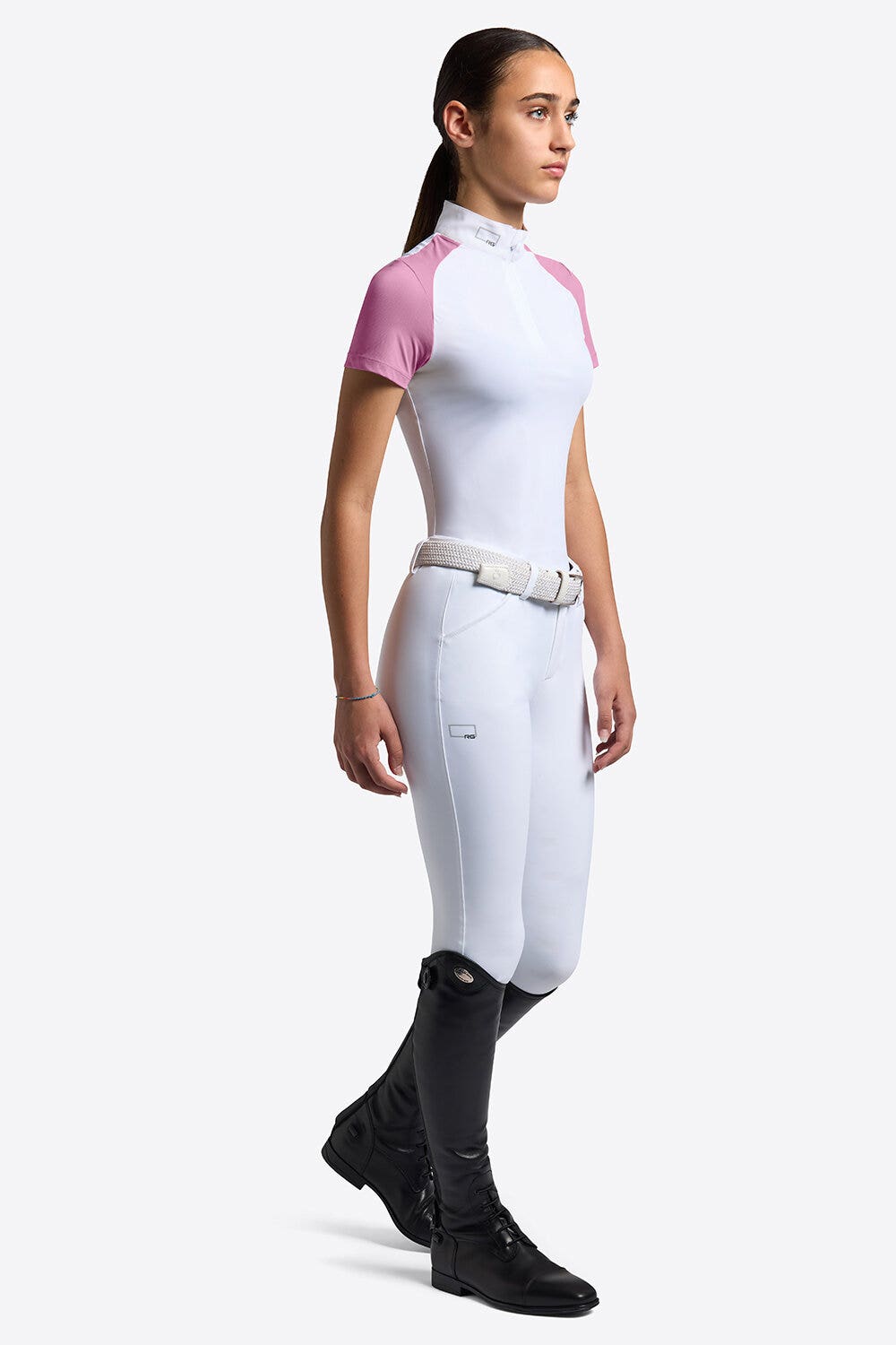 Rider's Gene Rider's Gene Short Sleeve Micro Perforated Jersey Inserts Competition Zip Shirt for Girls 012I WHITE/MAUVE ORCHID-1